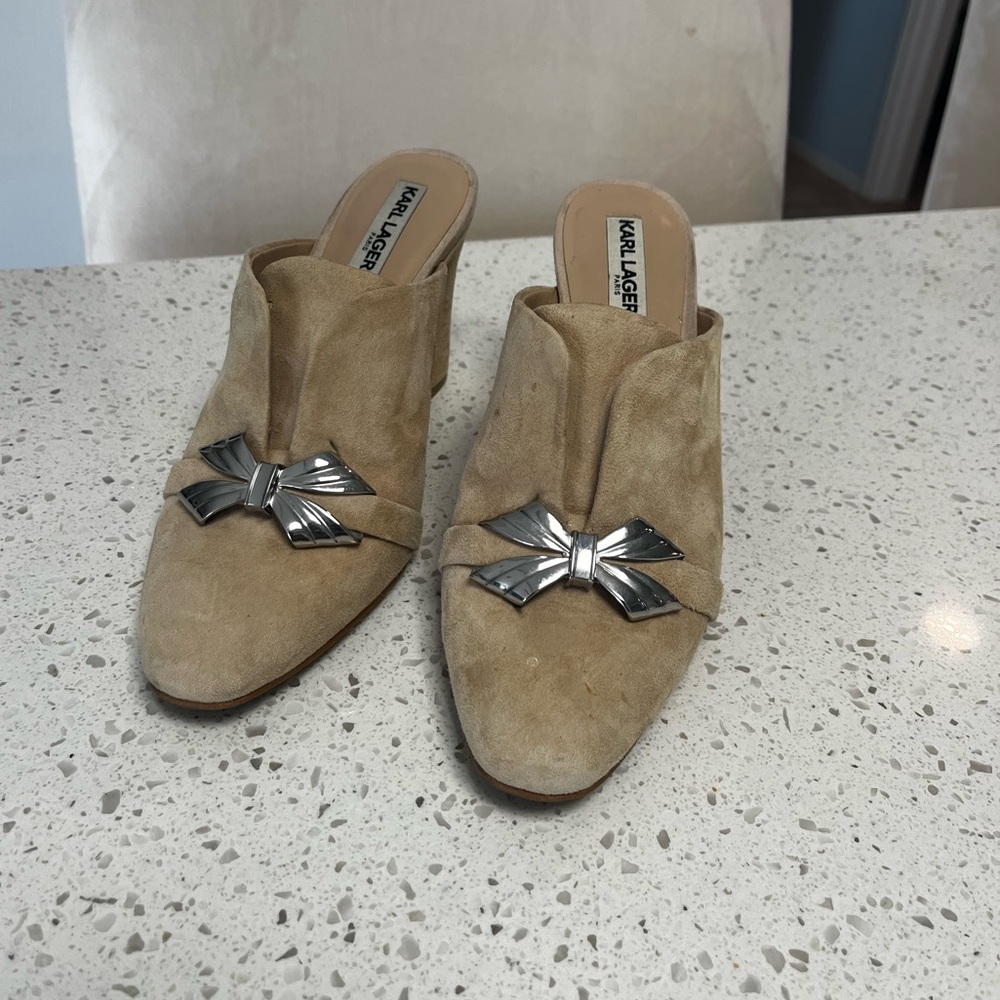 Karl Lagerfeld Tan Suede Mules with‎ Silver Bow